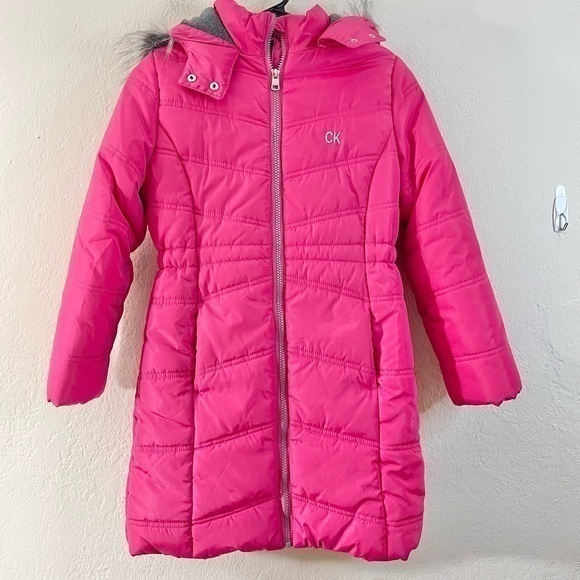 Calvin Klein Big Girls Aerial Hooded Jacket with Faux-Fur Trim Size Medium Pink
